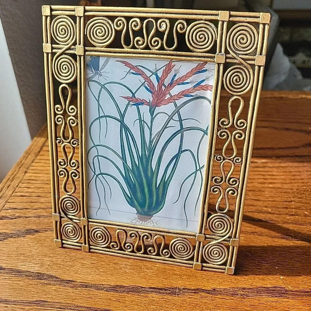 Vtg picture frame features ornate openwork metal hieroglyph antiqued gilt boho